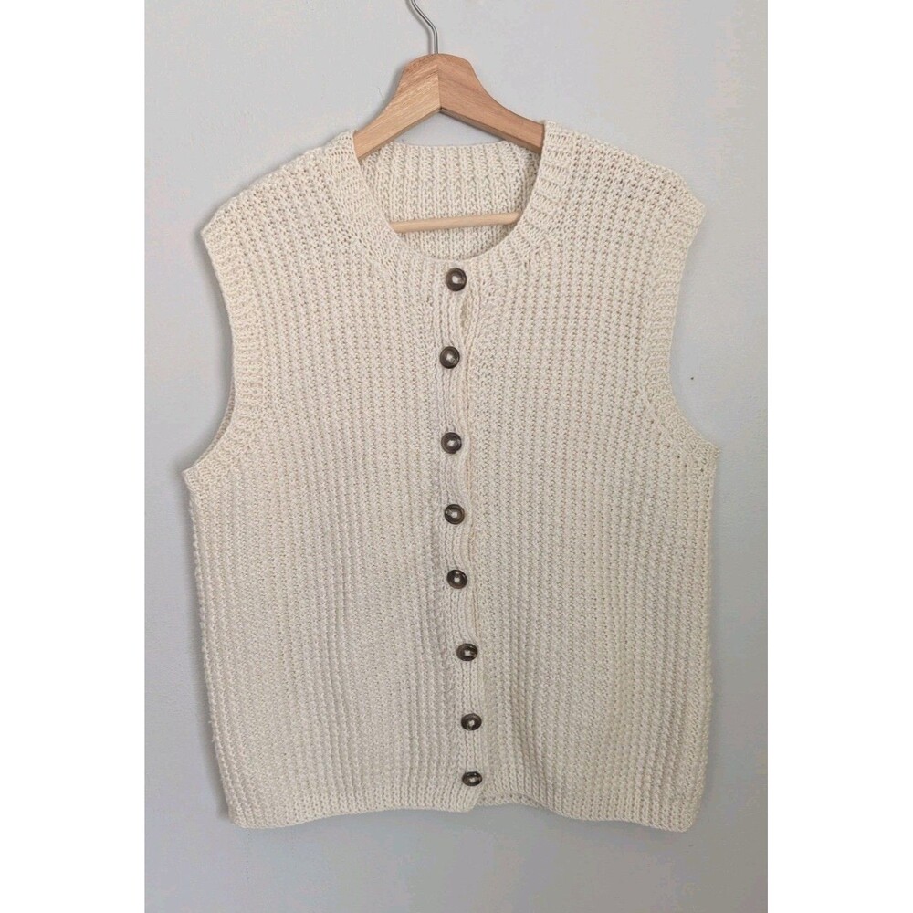 Handmade Crochet Knit Sweater Vest Ivory Cream Boho Button Front Cozy Womens L